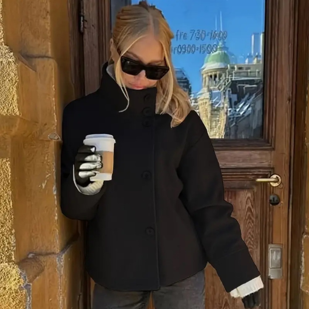 Women's Black Wool Pea High Neck Coat